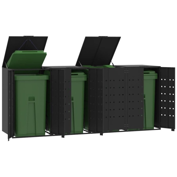 vidaXL Depozitare coș gunoi cu roți 4 coșuri negru 276x79x117 cm oțel