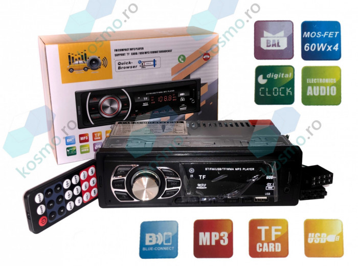 Radio-Casetofon Bluetooth Auto BT6204 100W (25x4), 1 DIN, Aplicatie Telefon