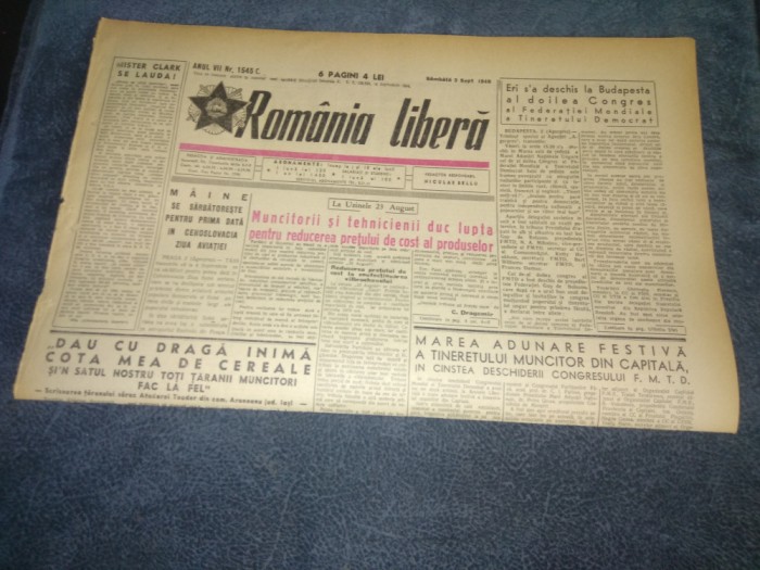 ZIARUL ROMANIA LIBERA 3 SEPTEMBRIE 1949