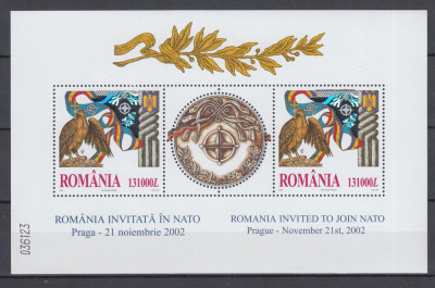 ROMANIA 2002 LP 1598 b ROMANIA INVITATA IN NATO BLOC 2 MARCI +1 VINIETA MNH foto