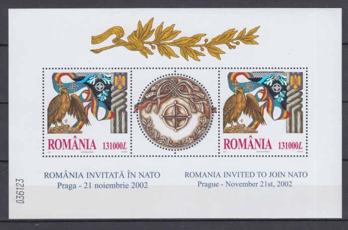 ROMANIA 2002 LP 1598 b ROMANIA INVITATA IN NATO BLOC 2 MARCI +1 VINIETA MNH