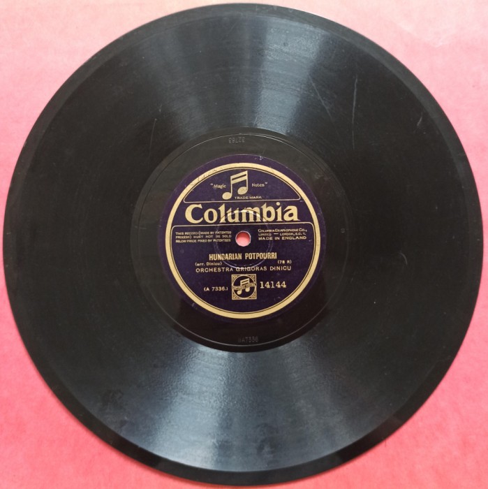 Orchestra Grigoras Dinicu, Hora Stacato, Hungarian Potpourri// placa gramofon/patefon Columbia
