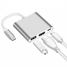 Adaptor multifunctional 3 in 1 USB-C la HDMI Techstar&reg; ZFZ3IN1, HDMI 4K, 1 x USB 3.0, PD Port, Compatibil HD TV, Monitor, Videoproiector, Argintiu