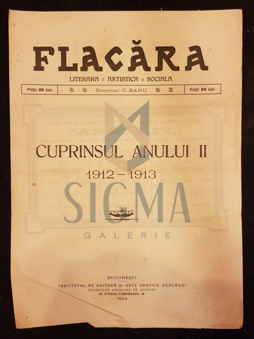 BANU C. (Director), FLACARA (Literara, Artistica si Sociala), Cuprinsul Anului II (1912-1913), Bucuresti, 1914