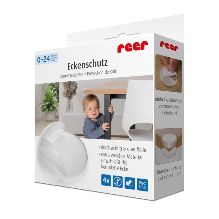 Set 4 protectii universale pentru colturi, din plastic transparent, cu banda adeziva, rezistente la muscaturi, fara PVC, Reer 82049 Children SafetyCar