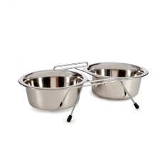 Set 2 boluri pentru animale cu suport, Inox, 800 ml, 34,5 x 16,3 x 8 cm, Argintiu