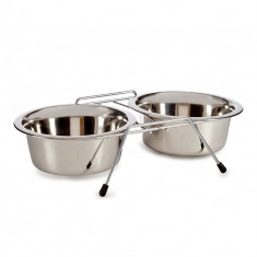 Set 2 boluri pentru animale cu suport, Inox, 2600 ml, 52,5 x 24,5 x 11 cm, Argintiu