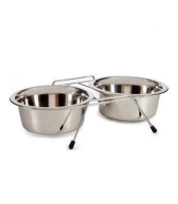 Set 2 boluri pentru animale cu suport, Inox, 2600 ml, 52,5 x 24,5 x 11 cm, Argintiu foto