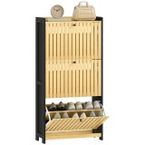 HOMCOM Mobila pentru pantofi 18 perechi cu 3 sertare rabatabile, uși din bambus cu lamele, 60x24x118cm, negru și lemn natural | Aosom Romania
