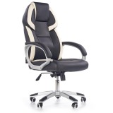 Scaun directorial HM Barton, piele ecologica, mecanism balans, roti cauciucate, 120 kg, alb - negru