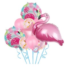 Set baloane party aniversare, flippy, din folie de aluminiu si latex, set din 10 baloane flamigo party, 1 stea, 5 baloane latex, 2 rotunde, 60 -90 cm,
