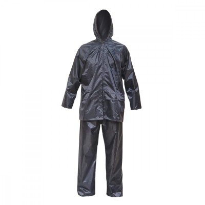 Costum impermeabil cu gluga si pantaloni din poliester si PVC, navy blue, M Breckner Germany foto