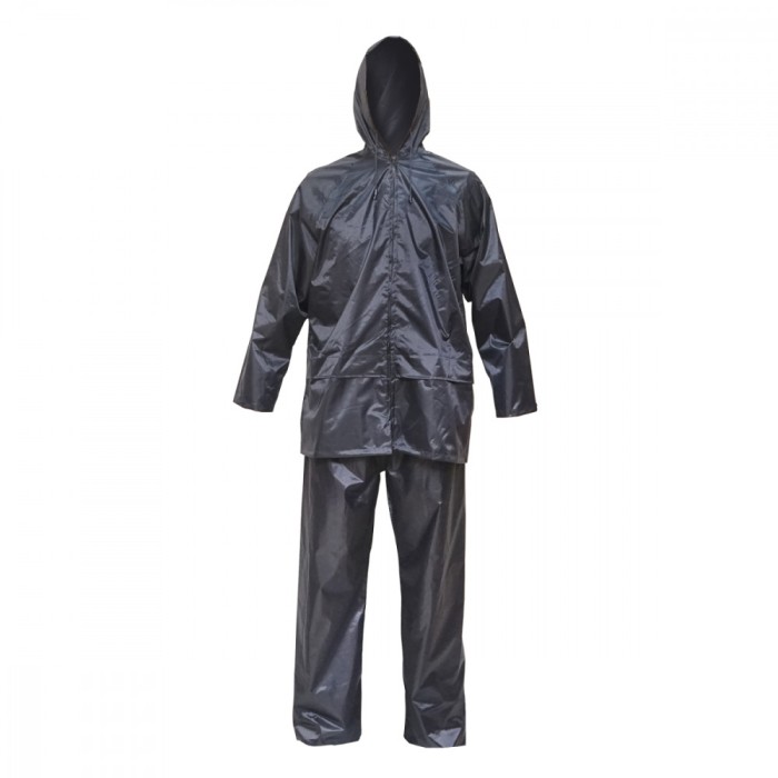 Costum impermeabil cu gluga si pantaloni din poliester si PVC, navy blue, M Breckner Germany