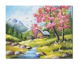 Cumpara ieftin Tablou pesaj de la munte, copac inflorit pictat manual, 50x40cm ulei pe panza, Constantin Feraru