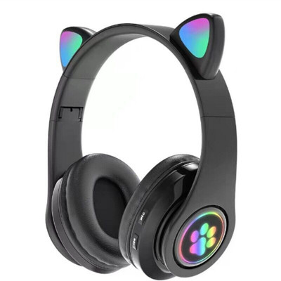 Casti wireless over-ear B39 New, Bluetooth 5.0, Microfon, Urechi Pisica iluminate RGB, Black foto