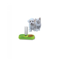 Bol dublu verde pentru hrana si dozator de apa pentru animale de companie, 34x18x7 cm