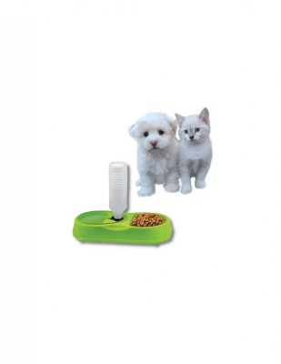 Bol dublu verde pentru hrana si dozator de apa pentru animale de companie, 34x18x7 cm foto
