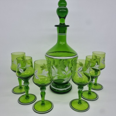 Set romanesc RAR pahare si decantor sticla, pictate manual, vechi, vintage foto