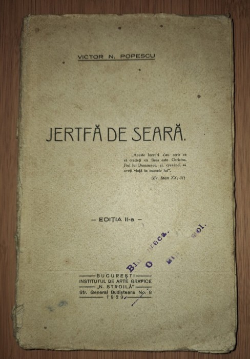 Victor N. Popescu&nbsp;-&nbsp;Jertfa de seara (Institutul de Arte Grafice &bdquo;N. Stroilă&rdquo;, București, 1929)