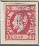 ROMANIA 1871 LP 30 REGELE CAROL I CU BARBA 5 BANI ROSU T 9 STAMPILAT