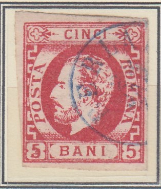 ROMANIA 1871 LP 30 REGELE CAROL I CU BARBA 5 BANI ROSU T 9 STAMPILAT