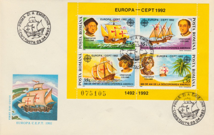 1992 Romania, FDC bloc Europa CEPT Descoperirea Americii, Columb, LP 1282