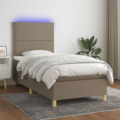 vidaXL Pat cu arcuri, saltea și LED, gri taupe, 90x190 cm, textil 3135321 foto