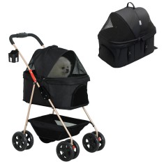 PawHut Cărucior pentru Animale de Companie 3 &icirc;n 1 cu 4 Roți și Geantă de Transport Detașabilă, 76x50x102 cm, Negru | Aosom Romania