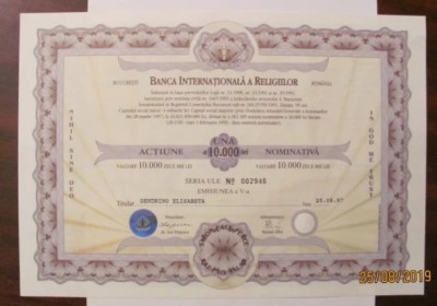 PVM - Actiune Nominativa 10000 lei Banca Internationala a Religiilor BIR 1997 foto
