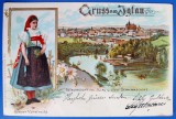 LITHO Gruss aus Iglau (actualmente Cehia) 1898 - circulata de la Falticeni la Veresti - timbru 5 bani Carol I albastru - stampile FOLTICENI lizibile