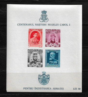 ROMANIA 1939-PT. INZESTRAREA ARMATEI, BLOC NED.&amp;quot;PRO PATRIA&amp;quot; - MNH - LP 133(1) foto