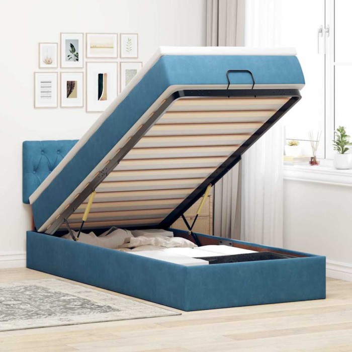 vidaXL Cadru de pat otoman cu saltea, catifea albastru &icirc;nchis 90x200cm 3312672