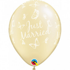 Baloane nunta Just Married ivory cu fluturi 28 cm set 25 buc foto