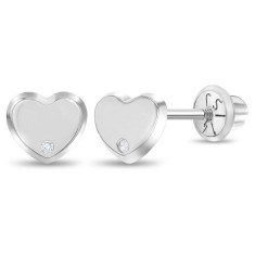 Cercei din Aur Alb 14k in forma de Inima si Accent de Diamant pentru Copii si Fetite &ndash; Inchidere Sigura cu Surub