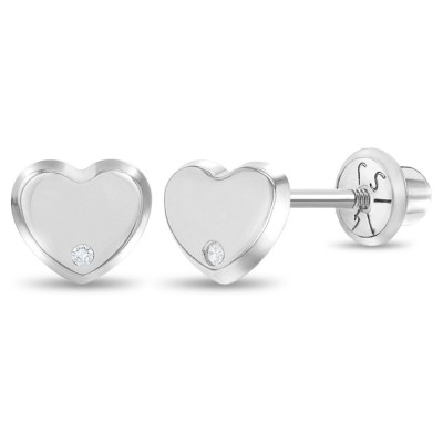 Cercei din Aur Alb 14K pentru Bebelusi si Copii, model Inima cu Accent de Diamant, inchidere cu Filet si Protectie foto