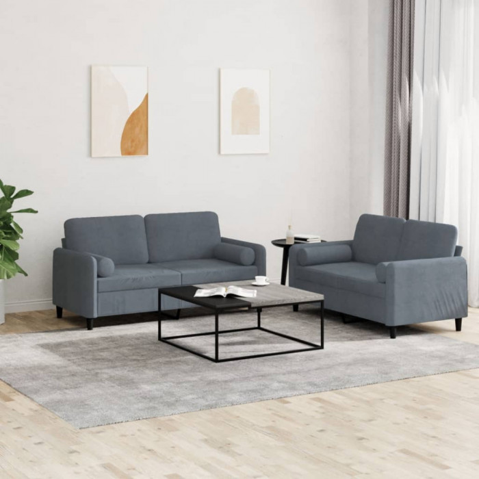 vidaXL Set canapea cu perne, 2 piese, gri &icirc;nchis, catifea 3201995