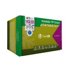 Instalatie Craciun, 5 m, 143 Led-uri ,Franjuri, Albastru, Flash, Transformator, Interconectabila, Prelungitor 3 m inclus, Fir Negru, Flippy