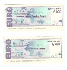 2 x Cec de calatorie 100 euro American Express Travelers Cheque, serie consecutiva, stare buna