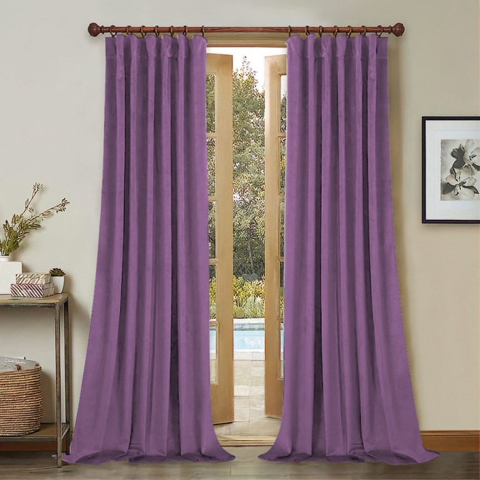 Set draperii din catifea cu rejansa din bumbac tip fagure, Madison, 150x240 cm, densitate 700 g/ml, Violet, 2 buc