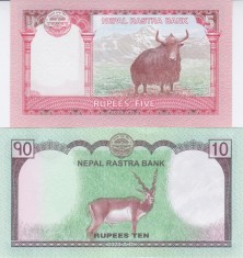 Bancnota Nepal 5 si 10 Rupii 2020 - P76/77 UNC ( set x2 - vezi descriere ) foto