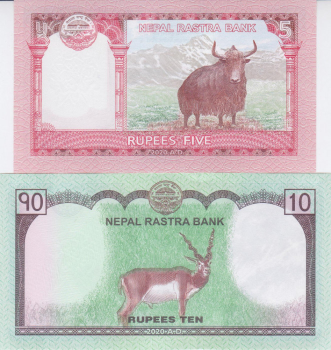 Bancnota Nepal 5 si 10 Rupii 2020 - P76/77 UNC ( set x2 )