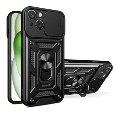 Husa Antisoc iPhone 15 Plus Protectie Camera, Inel Stand, Negru , Techsuit TCSS