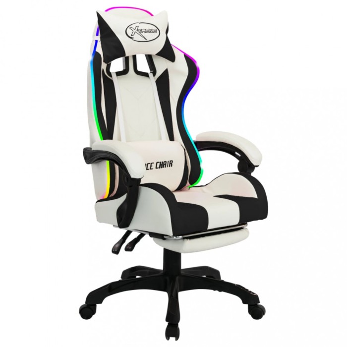 vidaXL Scaun de racing cu LED RGB, negru și alb, piele ecologică