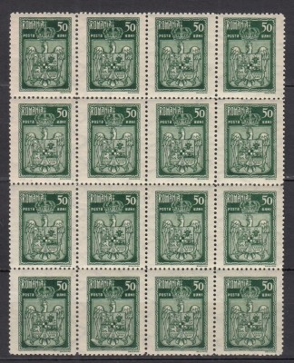 ROMANIA 1922 LP 73 c INCORONAREA REGELUI LA ALBA IULIA 50 BANI VERDE BLOC DE 16 TIMBRE STARE MNH foto
