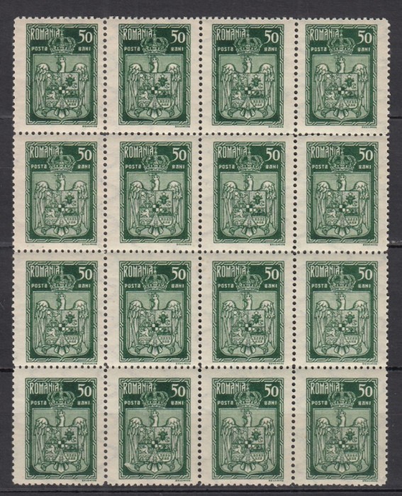 ROMANIA 1922 LP 73 c INCORONAREA REGELUI LA ALBA IULIA 50 BANI VERDE BLOC DE 16 TIMBRE STARE MNH