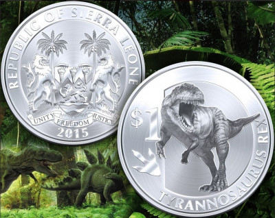 Sierra Leone 1 dollar Argintiu 2015 UNC Tyrannosaurus Rex 40mm foto