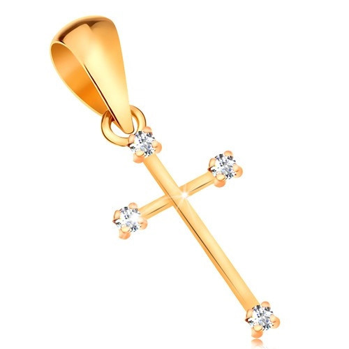 Pandantiv realizat din aur 585 - cruce lucioasă cu braţe &icirc;nguste şi diamante transparente.