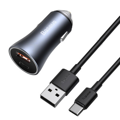 &amp;Icirc;ncărcător auto USB-C/USB 40 WPD 3.0 Quick Charge 4+ SCP FCP AFC + cablu USB - USB-C gri TZCCJD-0G B foto