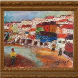 Tablou vechi / lucrare Dobrogea / Balcic, Nicolae Savopol (1905-1982), ulei pe carton, in cutit, 29 x 23 cm fara rama, autor roman, pictura romaneasca