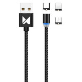 Cablu incarcare magnetic USB 3in1 (USB-A la USB-C microUSB Lighting), 2.4A, LED, 1m